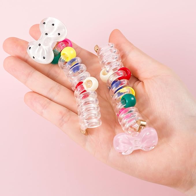 4PCS Bow Spiral Hair Ties with Colored Beads, 4 Colors Bowknot Bead Phone Cord Ponytail Holders for Women, Elegant Rubber Hair Coils, Stylish Hair Accessories for Party, Daily Use