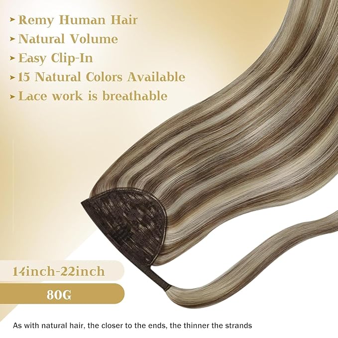 Ve Sunny Hair Extensions Ponytail Real Human Hair Wrap Around Clip in Ponytail Hair Extensions Straight Extensions Human Hair for Women Light Brown Highlights Platinum Blonde 18inch 80G