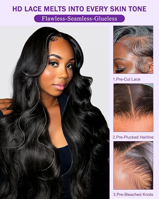9x6 SKINLIKE Real HD Lace Closure Wig, Body Wave 180% Density 0.10mm Ultra-thin Swiss Lace Pre-plucked Bleached Small Knots With Baby Hair Glueless wigs Human Hair 24 Inch