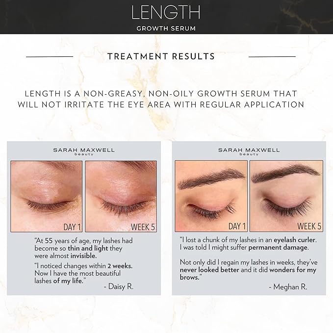 Sarah Maxwell Beauty - LENGTH Growth Serum for Eyelash & Brow Boost, Vegan, Paraben-Free, Cruelty-Free – Enhance Lashes & Brows, Clean Beauty Lash Treatment (0.17 fl oz | 5 mL)