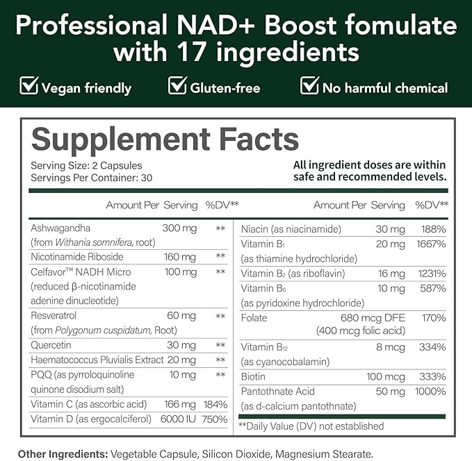 CELFULL NADH Supplement NAD+ with Resveratrol,Nicotinamide Riboside,NAD+ Boosting Supplement for Anti Aging Cellular Energy &Stamina-2Pack