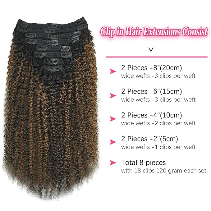 3c 4a Curly Clip in Hair Extensions T1BP1B/30 Omber Kinky Curly Clip ins For Women Brazilian Virgin Clip on Hair (16inch,T1BP1B/30)
