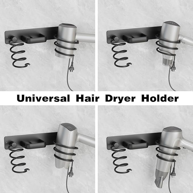 hicorfe Hair Dryer Holder 3 in 1 Hair Tool Organizer,Blow Dryer Holder Wall Mounted,Bathroom Bedroom Hair Care Styling for Flat Iron,Curling Iron,Hair Straightener （Black）