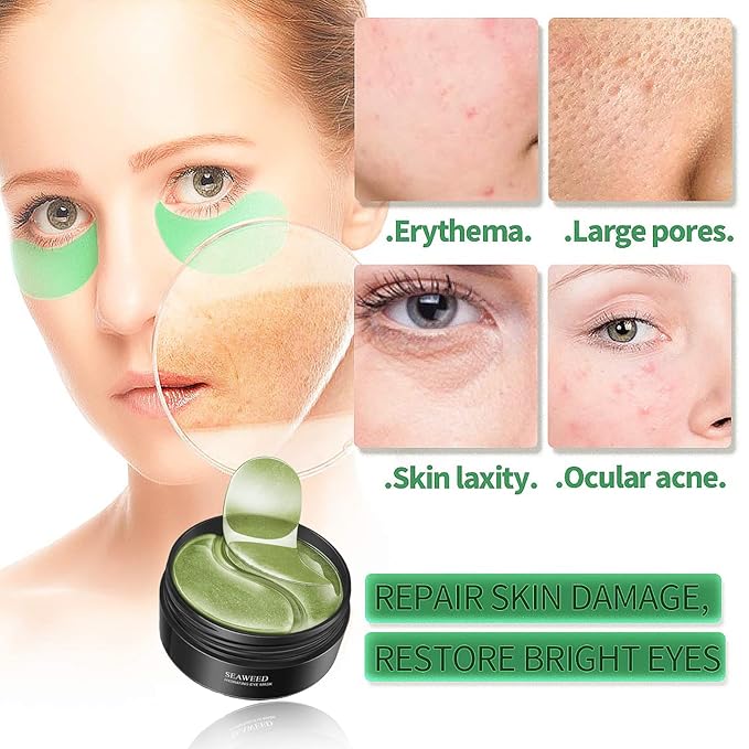 Seaweed Under Eye Masks, Moisturizing, Nourishing, Improving Dark Circles, Whitening, Wrinkles, Provides Protein, Vitamins, Collagen, Hyaluronic Acid, 30 Pairs