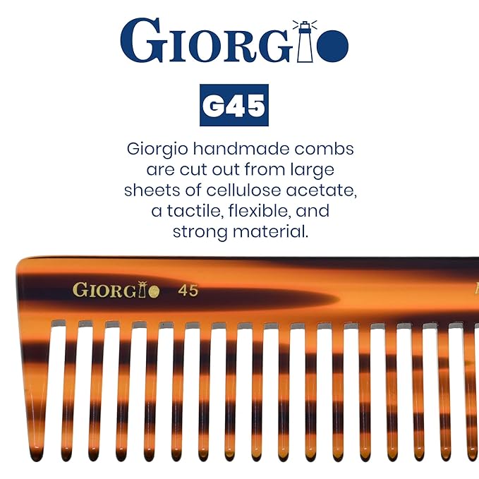 Giorgio G45 Tortoiseshell Detangling Wide Tooth Shower Comb, Easy Use for Thick Curly Wavy Hair. Long Detangler Comb For Wet and Dry Hair. Handmade, Saw-Cut, Hand Polished