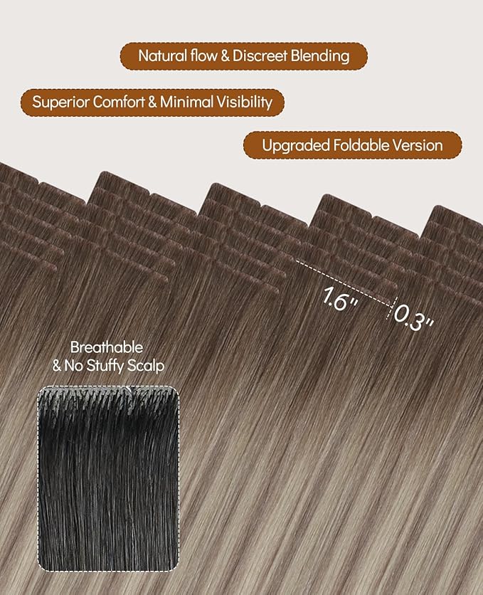 VINBAO Invisi Edge Tape in Hair Extensions Human Hair, Balayage Ash Brown Fading to Blonde and Ash Blonde Injected Tape in Extensions Seamless 40g 20pcs 14inch #8/60/18