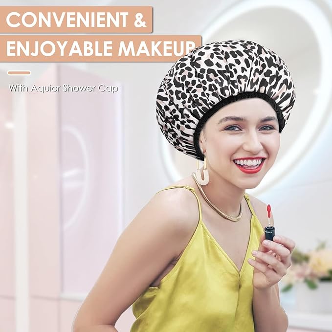 Aquior Shower Cap,Extra Large Triple Layer Bathing Cap with Dry Hair Function for Women Microfiber Terry Cloth Silky Satin 100%% Waterproof Reusable Long Hair Bath Caps (Leopard)