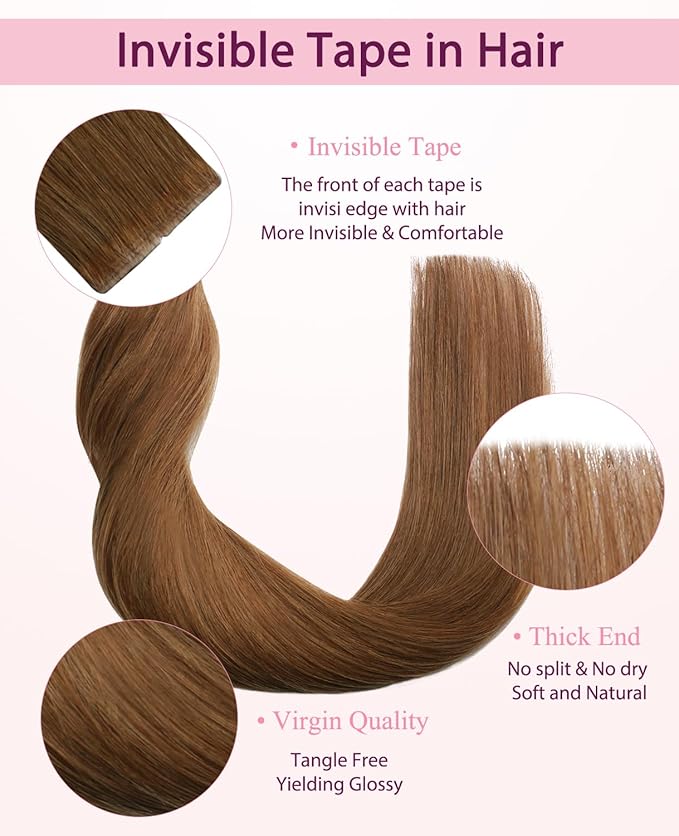 Pinkpearl Invisible Tape in Hair Extensions Human Hair, 20pcs 16inch 45g #33 Auburn Injection Tape in Extensions Real Remy Straight Seamless Silky Human Hair Injected