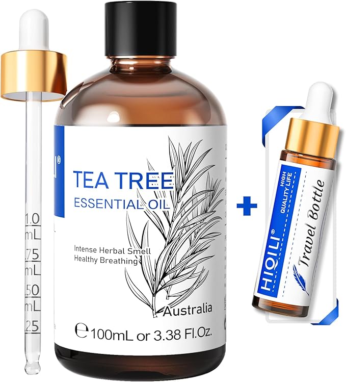 HIQILI Tea Tree Oil for Skin, Hair Restoration, Added to Shampoo, Body Wash, Foot Soak Use - 3.38 Fl Oz
