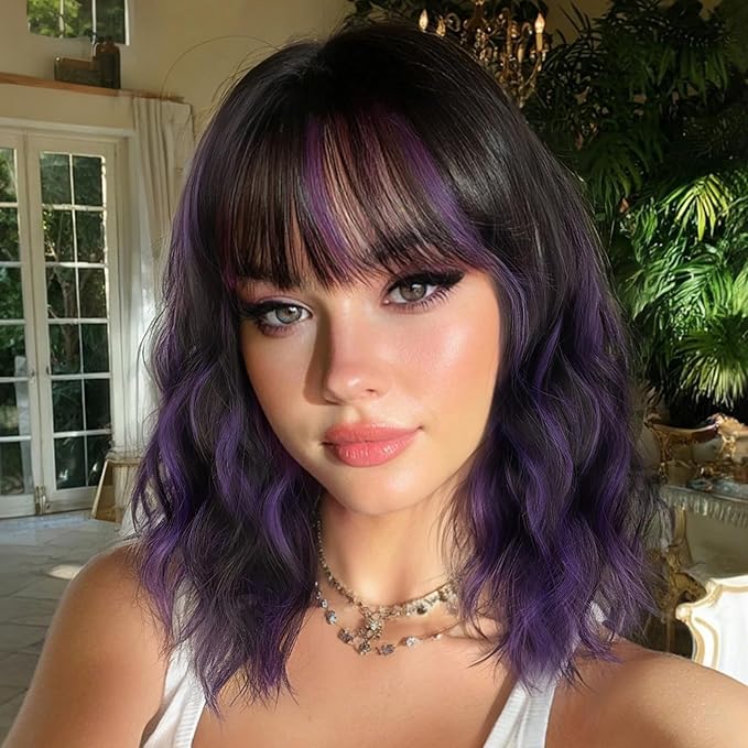 Nnzes Short Wavy Bob Wig with Bangs for Women Shoulder Length Curly Dark Brown with Purple Synthetic Heat-Resistant Fiber Hair for Daily & Party Use