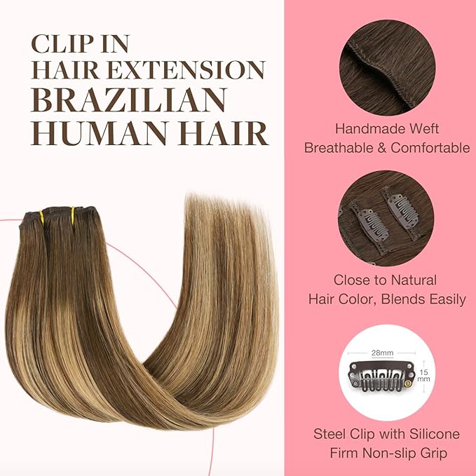 GOO GOO Clip in Hair Extensions Real Human Hair, Remy Human Hair Extensions Clip ins for Women, Natural Human Hair, 18inch 70g 2Pcs, #4/27/4 Balayage Chocolate Brown to Caramel Blonde