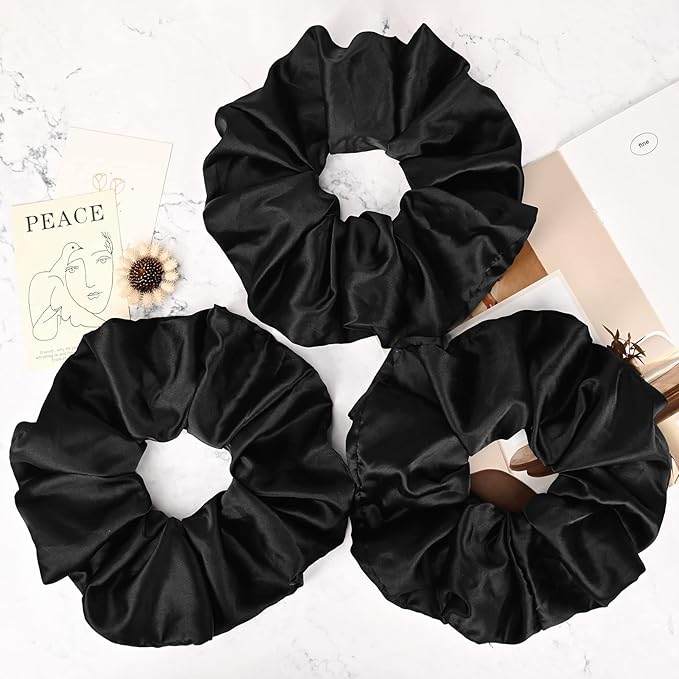 9.5 inch Silk Scrunchies Oversized Scrunchie Jumbo Scrunchies Giant Silk Scrunchie Extra Large Satin Thick Elastic Fluffy Hair Ties for Women and Girls 3 Pack (Black)