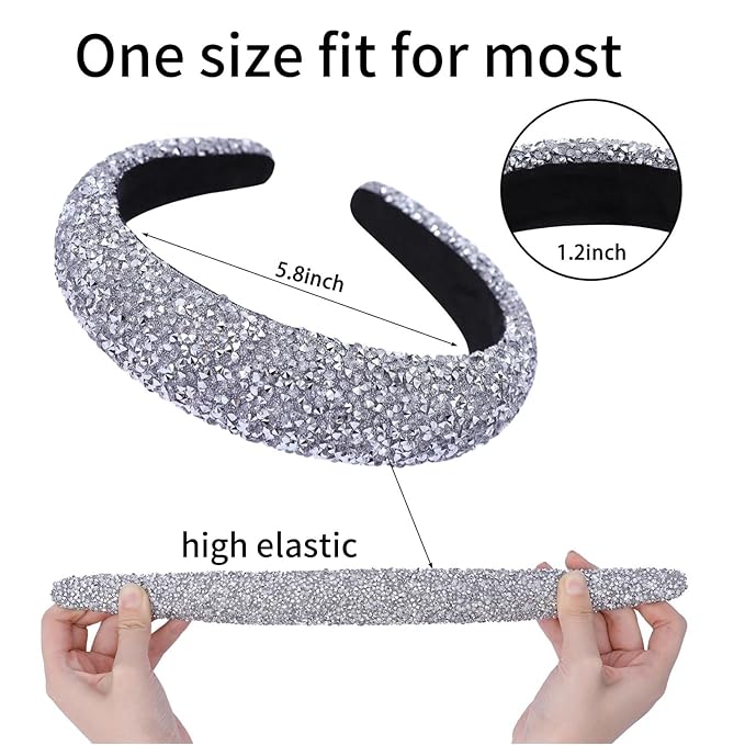2PCS Sparkle Wide Headband for Women Rhinestone Padded Headband Black Sliver Glitter Hairbands Comfort High Elastic Head Band Bling Hair Accessories for Womens Girls Hair