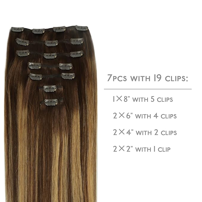WENNALIFE Clip in Hair Extensions Real Human Hair, 20 Inch 120g 7pcs Balayage Chocolate Brown to Caramel Blonde Hair Extensions Clip in Human Hair Remy Clip in Hair Extensions Real Human Hair