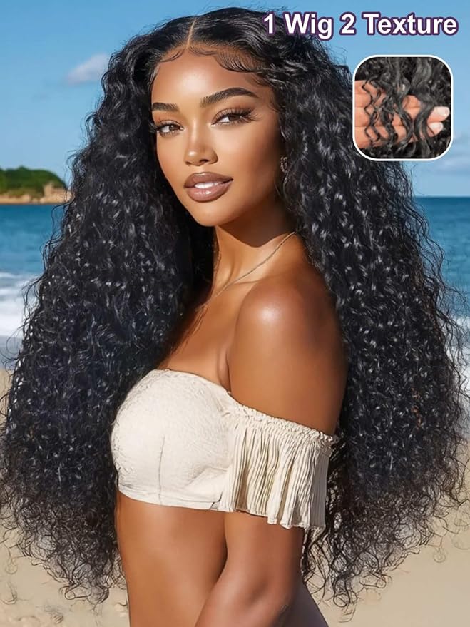 YIROO Bye Bye Knots Glueless Water Wave and Jerry Curly Drawstring Wig Human Hair, 7x5 Pre Cut Lace Front Glueless Wigs Pre Bleached Pre Plucked Wear and Go Wig for Women 150% Density 18Inch
