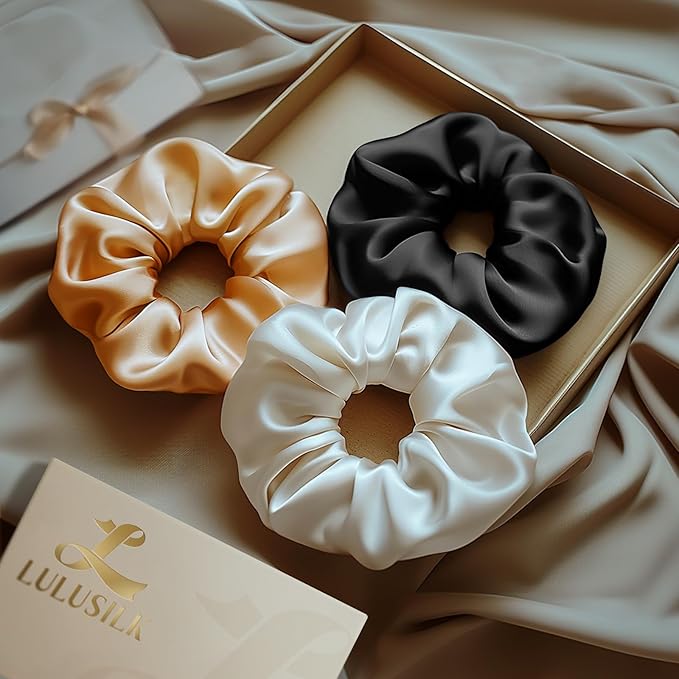 LULUSILK Silk Scrunchies for Hair Sleep, 100% Real Mulberry Silk, No Damage Hair Ties for Women and Girls, Gorgeous White, Pack of 3