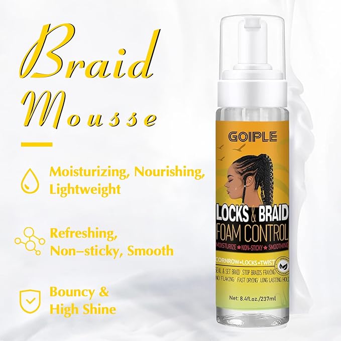 Braid Foam Control Braid Mousse for Braids Twist, Locs, No Flake Extra Hold High Shine Style and Moisturizes, Hair Braiding Mousse for Braids Lightweight Easy to Apply 8fl oz