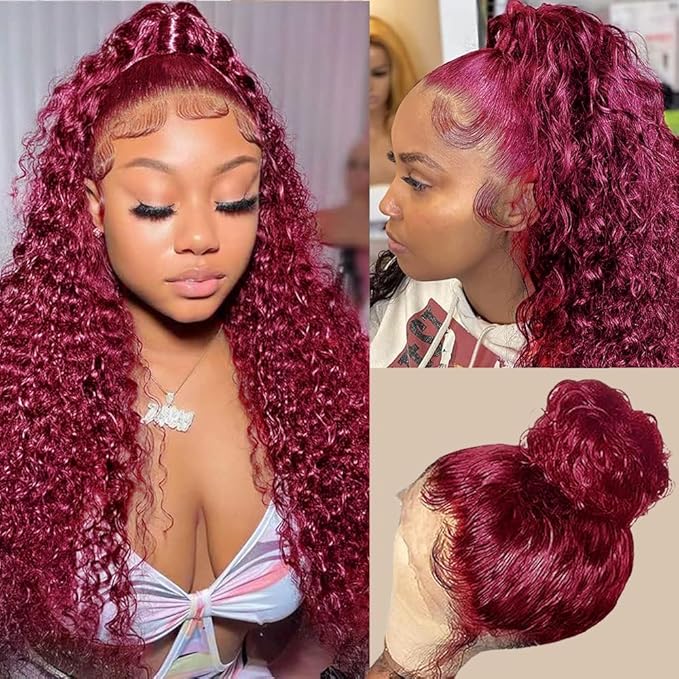 Burgundy Wig Human Hair Deep Wave, Hidden Strap 360 Lace Front Wigs Human Hair Draw String Invisible Strap Pre Plucked Pre Cut Glueless, 99J Burgundy Curly Wig Human Hair for Women (28inch)