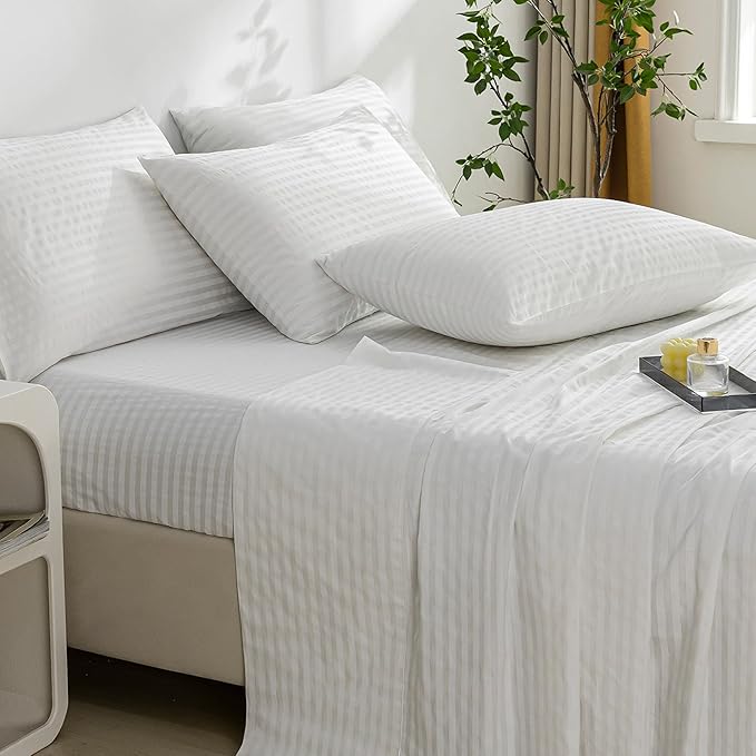 JELLYMONI 100% Natural Cotton Striped King Pillowcases Set, 2 Pack Satin Stripe Pattern Printed Pillow Covers with Envelope Closure (Pillows are not Included)