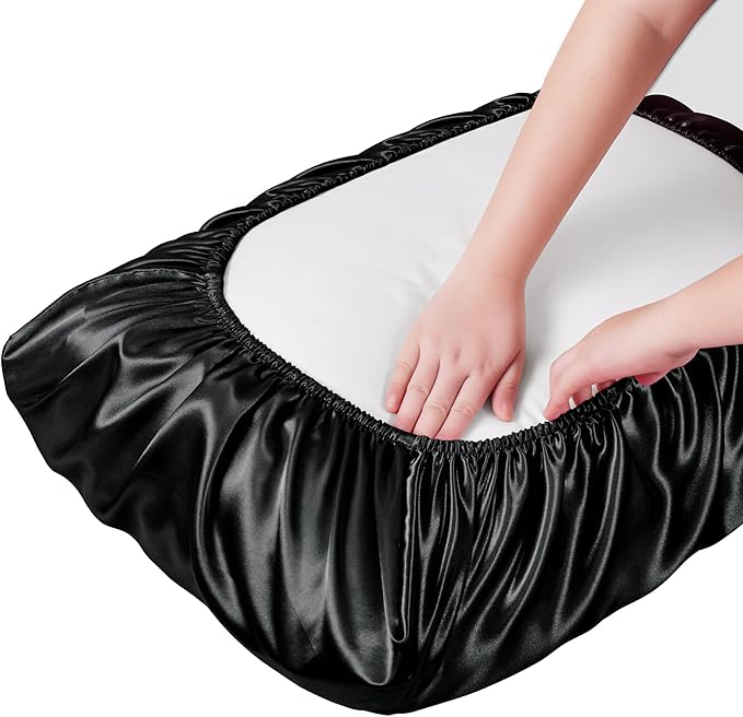 Manyshofu Satin Pillowcases for Hair Protection - 1Pcs Black Pillow Cases, Elastic Band Standard & Queen Satin Pillowcases Luxury Silky Pillow Cases Travel Pillow Covers