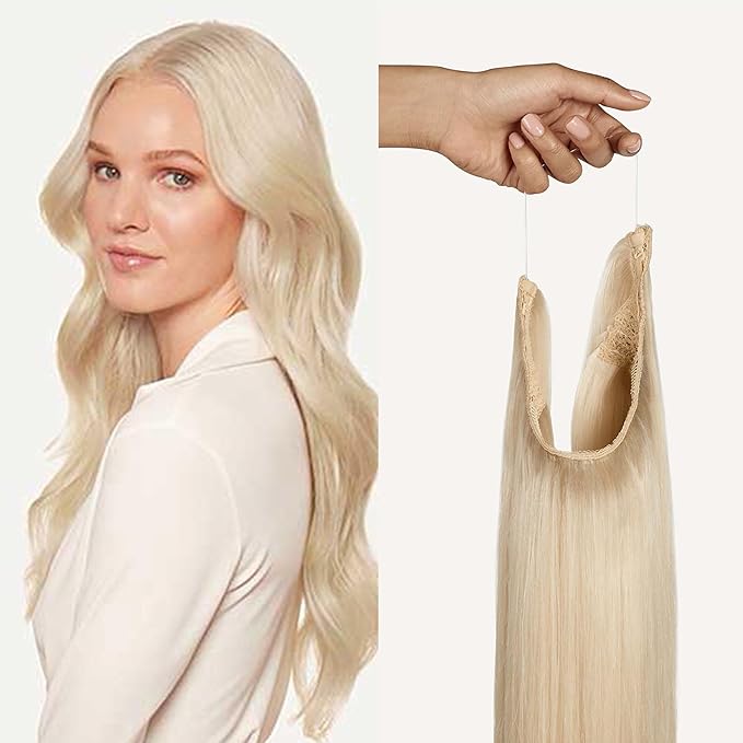Luxy 100% Remy Human Hair – Halo Clip-In Hair Extensions –Natural Looking Volume & Length - One-Piece - Easy 5-Min Application 140 grams 16" Platinum Blonde Halo