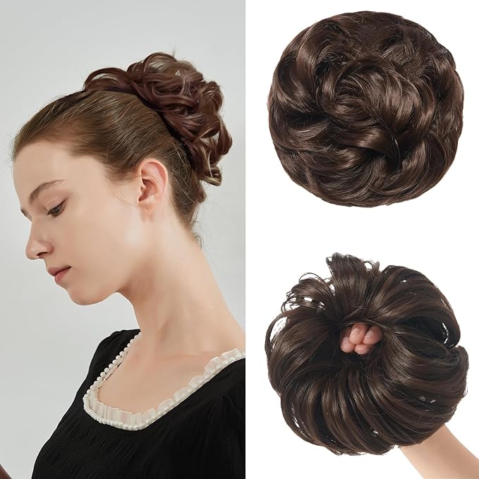 Large Messy Bun Hair Piece Curly Synthetic Extensions Scrunchies Fake Chignon Updo Hairpieces for Women Medium Natural Brown