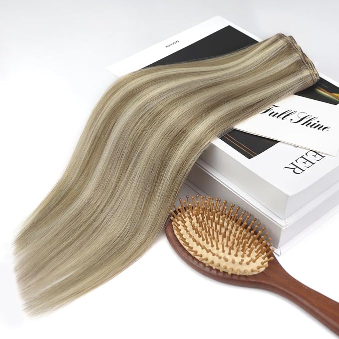 Full Shine Real Hair Extensions Clip in Human Hair Double Weft Blonde Human Hair Extensions Brown with Blonde Highlights Clip in Human Hair Remy Straight Hair 14 Inch 3 PCS 60 Grams