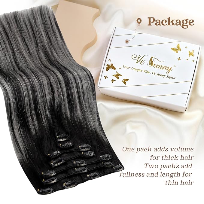 Ve Sunny Human Hair Clip in Extensions Black Ombre Clip in Hair Extensions for Women Clip Hair Extensions Real Human Hair Long Hair Extensions Natural Black Balayage Grey Silver 7pcs 120g 24inch