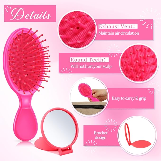 Meanplan 24 Pcs Mini Hair Brush Set 12 Travel Wet Dry Hair Combs Pocket Detangling 12 Compact Folding Makeup Mirror for Spa Sleepover Birthday Bridal Shower Bachelorette Christmas Party Gift(Rose Red)