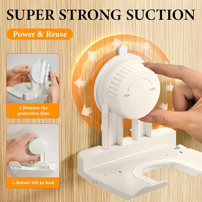 Universal Suction Cup Blow Dryer Holder,Hairdryer Holder For Bathroom Wall Mount,With Plug&Cord Organizer.Strong And Stable，Easy Installation Ideal for Bathroom And Cabinet Door(White)