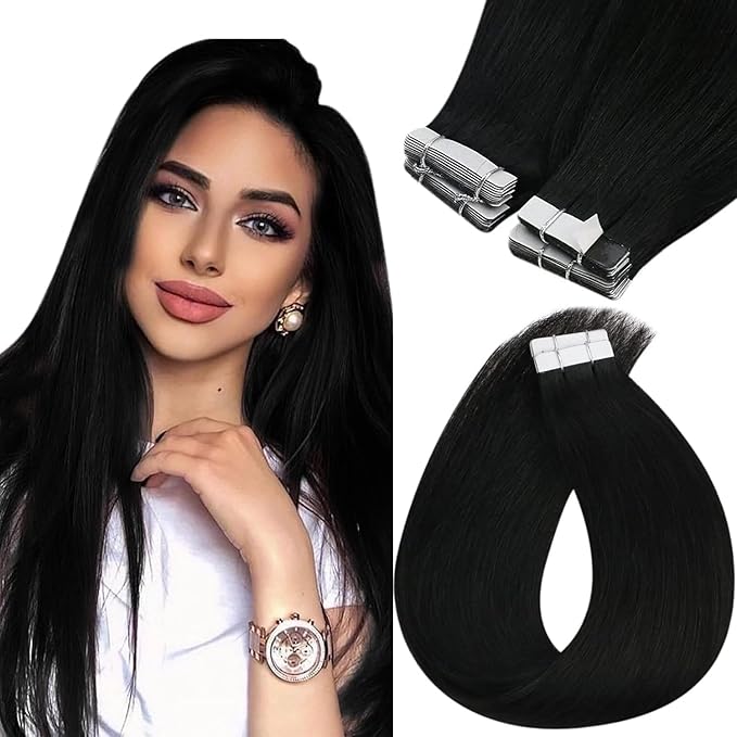 Sunny Hair Tape in Hair Extensions Human Hair 26inch Hair Extensions Real Human Hair Tape in Extensions for Women Jet Black Invisible Remy Hair Natural Straight Skin Weft Double Sided Tape 40pcs 100g