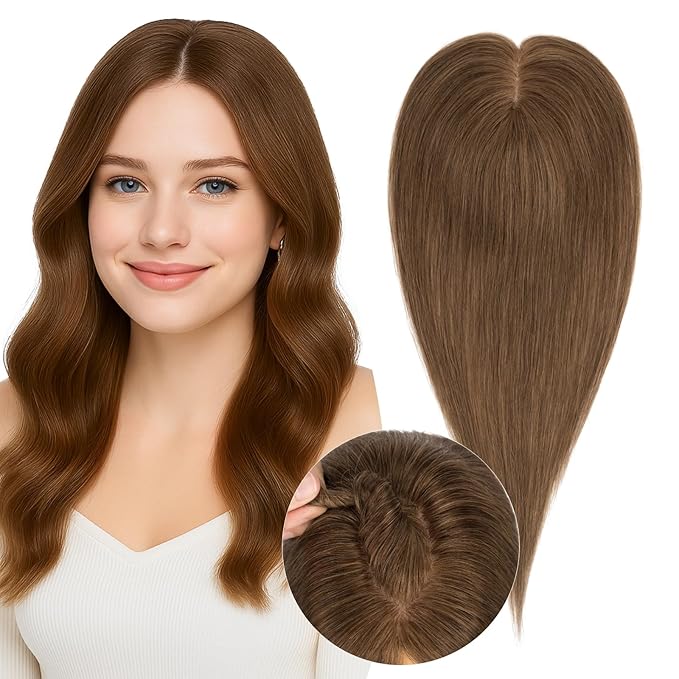 Real Human Hair Toppers for Women 3.54"*4.72" Silky Base 150% Density No Bangs Adjustable Parting Clip-In Topper Hairpieces for Women with Thinning Hair 10 Inches Medium Brown