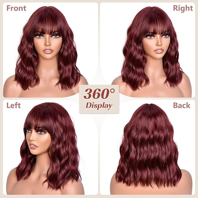 Wine Red Wig With Bangs Wave Bob Wigs for Women 14 Inch Short Loose Wavy Heat Resistant Synthetic Wig Shoulder Length Hair for Daily and Cospaly Party Use