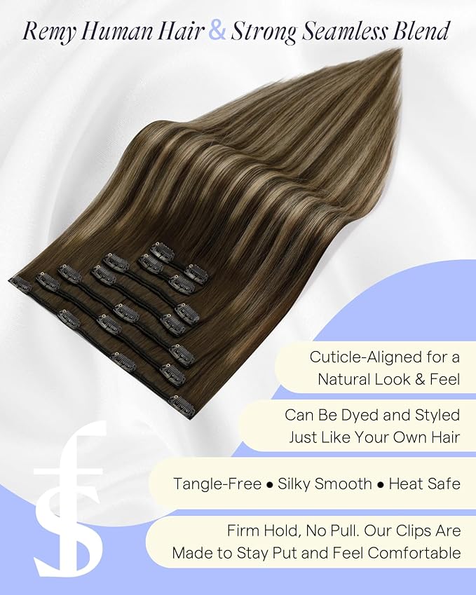 Full Shine Clip in Extensions for Thin Fine Hair 16 Inch Balayage Medium Brown to Caramel Blonde Seamless Clip in Hair Extensions Straight 7 Pcs 135 G