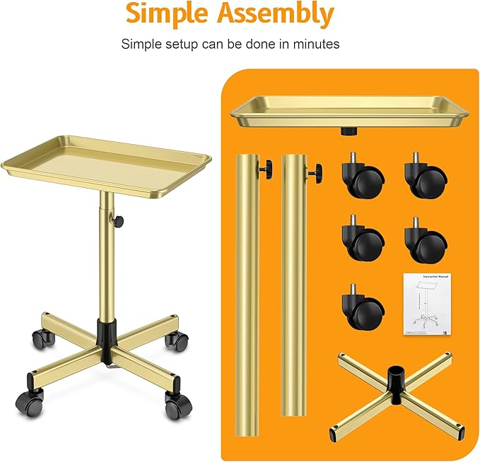 Salon Tray on Wheels - Premium Aluminum Tattoo Tray Rolling Trolley - Adjustable Salon Service Rolling Tray Hairdresser Cart with Clinic Spa Rolling Tray Wheels (Bronze)