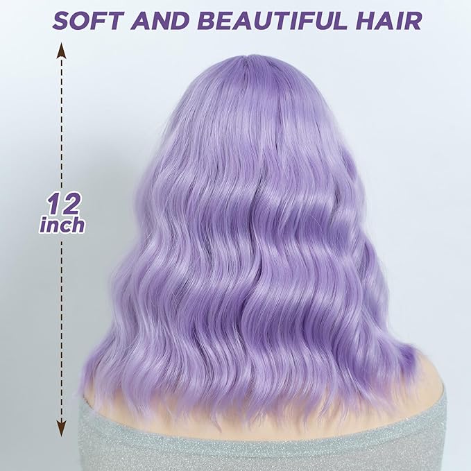 NOBLE Short Curly Purple Bob Wig with Bangs for Girls and Women Shoulder Length Heat Resistant Synthetic Wig Bob Curly Loose Wavy Hair Wigs for Halloween Cosplay 12 Inches