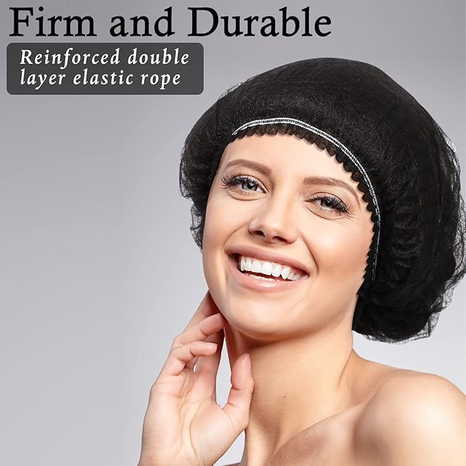 100 Pcs Disposable Nonwoven Bouffant Caps 21 Inch Hair Net Elastic Cap Hair Cover Hats for Beauty Salon Hospital Spa Catering Dust-free Workspace(Black)