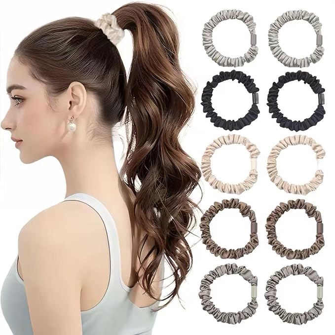 10 Pcs Small Satin Hair Ties No Damage for Women Girls Thick Thin Hair, Small Satin Scrunchies Hair Ties Skinny Hair Elastic Bands Ponytail Holder for Women Hair Accessories (Colorful)