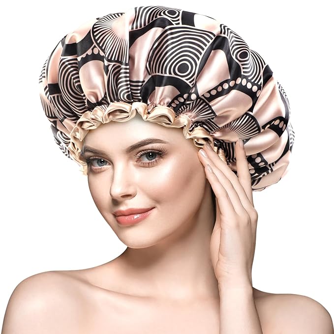 mikimini Large Shower Cap for Women Long Hair, Champagne Shower Caps with Lace, Double Layer Waterproof, Reusable, Washable, High-quality