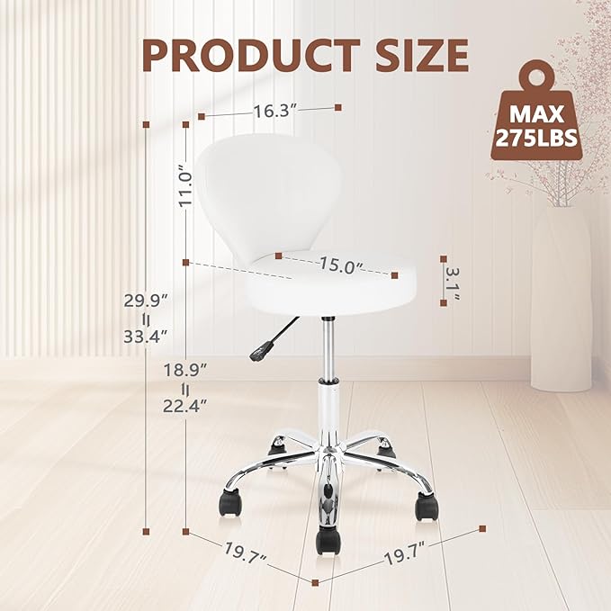 Set of 2 PVC Faux Leather Rolling Swivel Salon Stool Chair with Back Support Adjustable Hydraulic Seat Height 22 in Diameter 15 Inch for Facial Spa Medical Tattoo Beauty Barber White 2 Pack