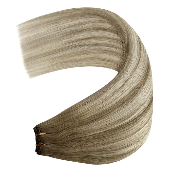 YoungSee 100G Weft Hair Extensions Balayage Sew in Hair Extensions Light Brown Mix Platinum Blonde Balayage Straight Human Hair Weft Extensions for Short Hair 14Inch