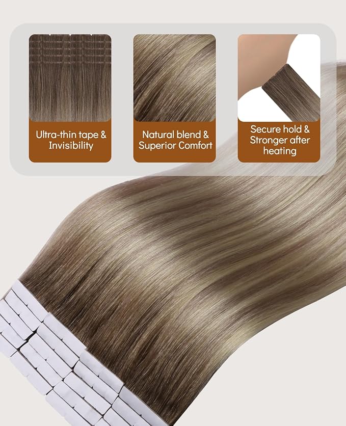 VINBAO Invisi Edge Tape in Extensions Real Human Hair 60g 20pcs Balayage Ash Brown and Blonde Mixed with Ash Blonde Seamless Injection Tape in Hair Extensions 22inch #8/60/18