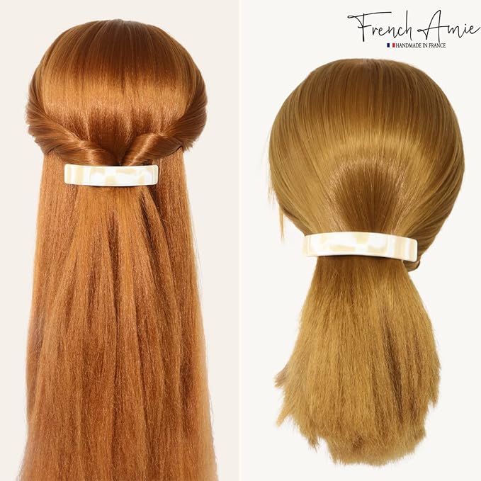 French Amie Oblong Handmade 3.5" Celluloid Automatic Hair Clip Barrette Hair Clip for Girls Strong Hold Hair Clips for Women No Slip Durable Paris Hair Accessories, Made in France (Cream Nouget)