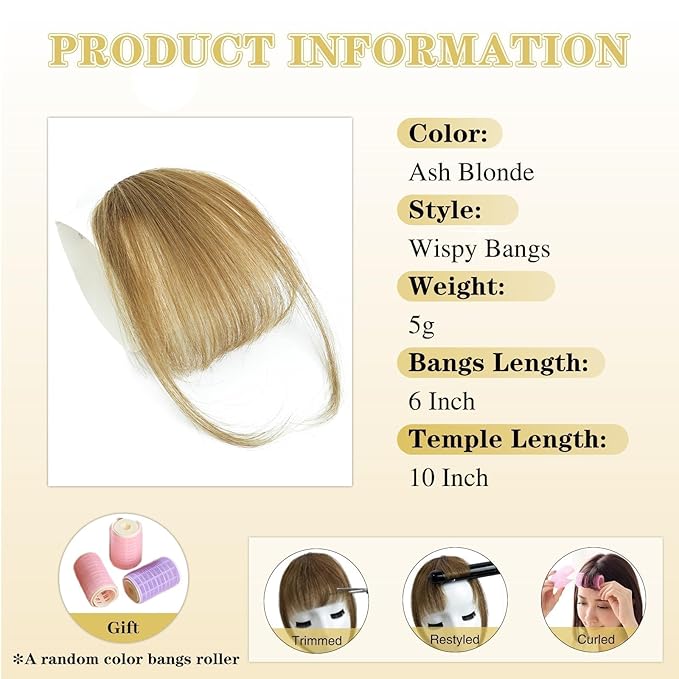 NAYOO Wispy Bangs Hair Clip - Ash Blonde 100% Real Human Hair Clip in Bangs for Women Fringe with Temples Hairpieces for Daily Wear (Ash Blonde, Wispy Bangs)