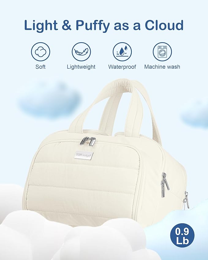 TOPDesign Travel Toiletry Bag for Women, Puffer Large Toiletry Bag, Lightweight Cosmetic Makeup Organizer with Handle for Traveling, Accessories, Essentials, Toiletries (Ivory White)