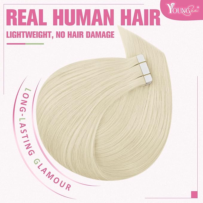 YoungSee Human Hair Tape in Extensions Platinum Blonde Tape in Hair Extensions Human Hair Platinum Blonde Invisible Tapes in Hair Extension 20pcs 16 Inch for Adding Hair Length 50g