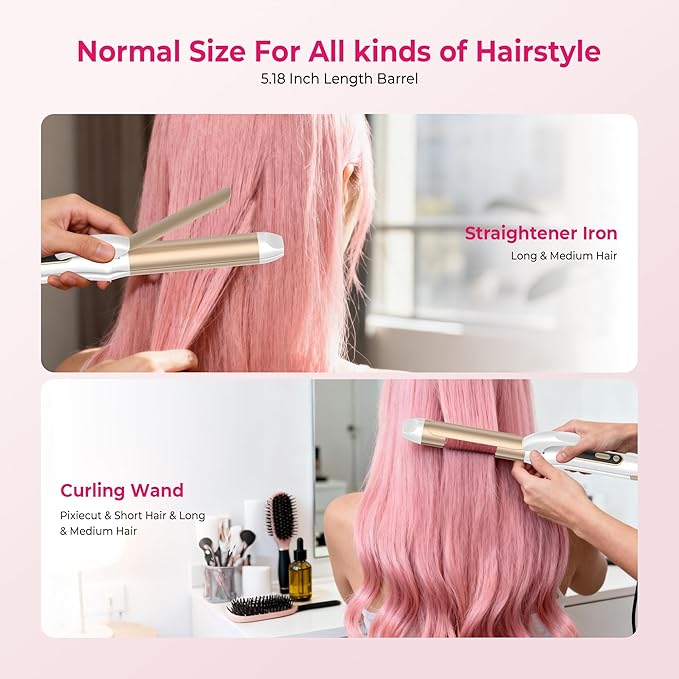 2 in 1 Curler and Straightener Travel Dual Voltage Curling Iron 1.25 Inch Normal Size Hair Curler Ceramic with EU/UK Plug Adapter for Travel Curling Wand Adjustable Temperature and Anti-Tangle