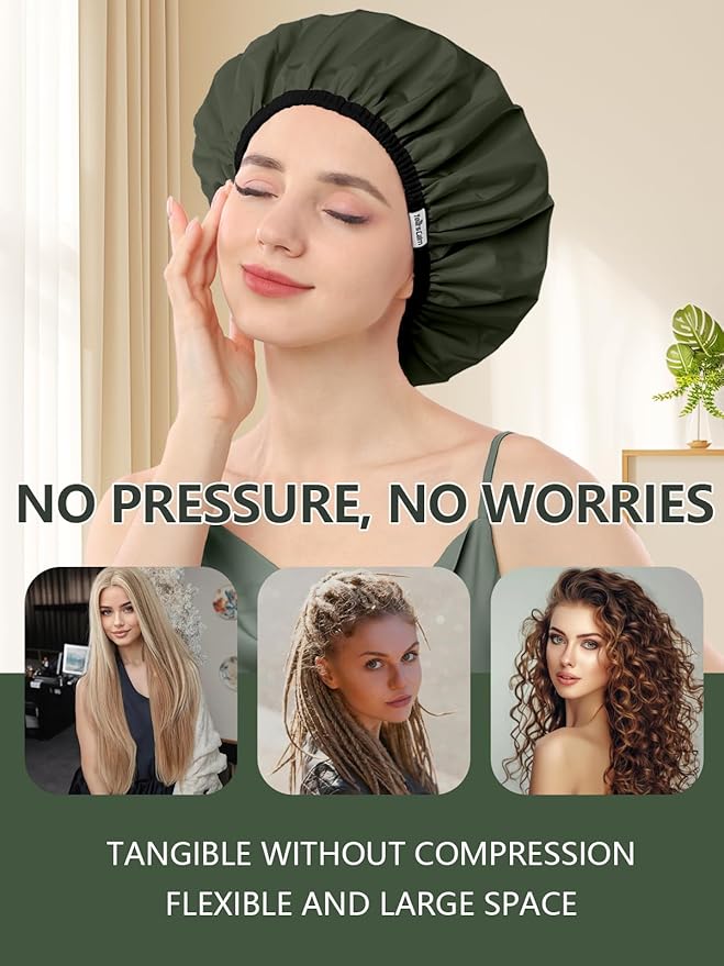 Years Calm Shower Caps For Women Reusable Waterproof，Pattern And Solid Color Dual-Layer Design For Dual-Layer Usable，Protects Hair In Shower, Spa, Cooking, Clean & Travel (Green, One Size)