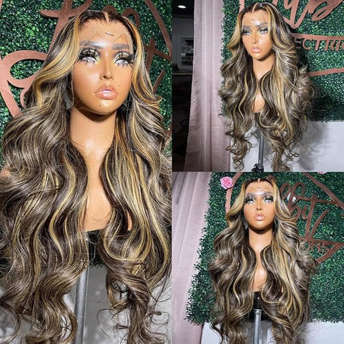 34 Inch Balayage Highlight Lace Front Wig Human Hair FB/27 Body Wave Lace Front Wigs Human Hair 13x6 HD Lace Glueless Wig for Black Women 180% Density Honey Blonde Balayage Wig Human Hair