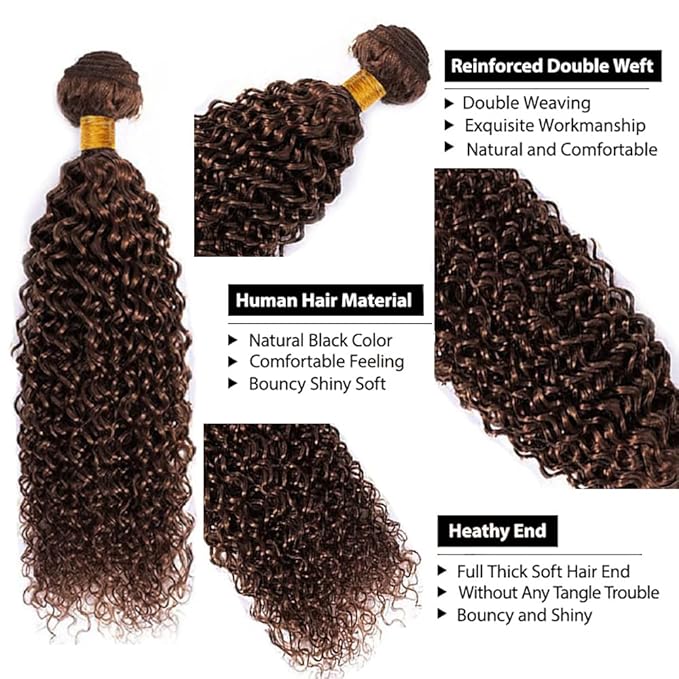 Brown Kinky Curly Bundles Human Hair Chocolate Brown Bundles Niegmeag Brazilian Virgin Remy Hair Single Bundle 12 Inch Double Weft Soft and Silky Color 4 Kinky Curly Bundle Hair Weave